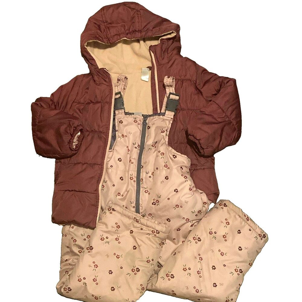 Girls Size 6 Carter's Hooded Lined Puffer Jacket Matching Snow Bib Floral Set